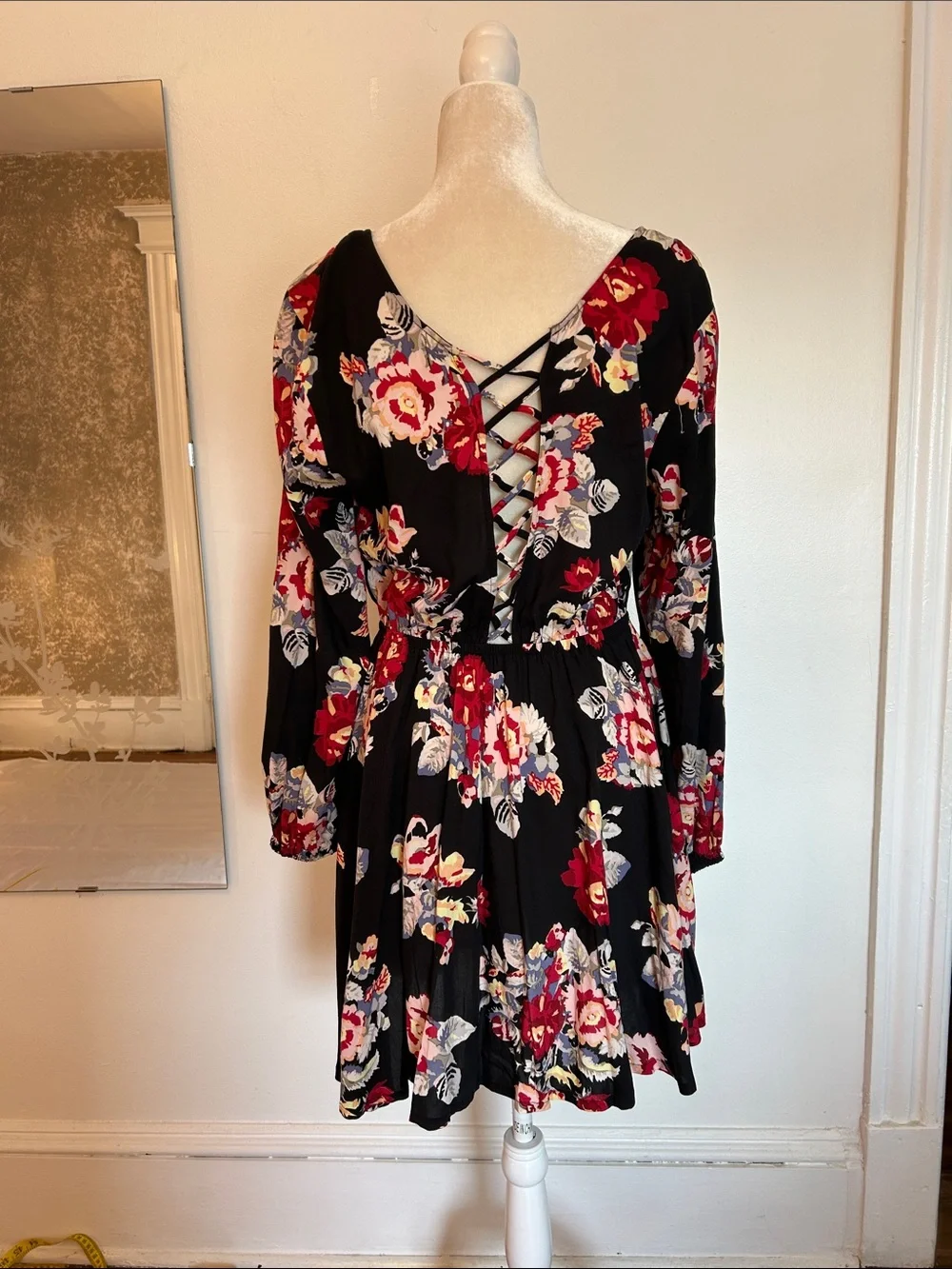 Black Floral Long-Sleeve Skater Dress
